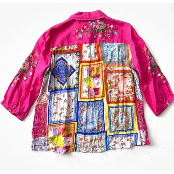 John Mark Nwt Embroidered Floral Point Collar 3/4 Sleeve Button Front Tunic L - Picture 2 of 6